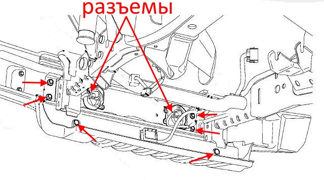 scheme of fastening of front bumper Jeep Wrangler JK (2006-2018)